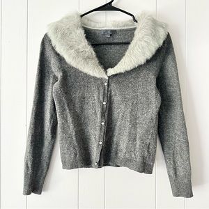 Jessie gray fur neckline wool blend knit cardigan, xsmall-small